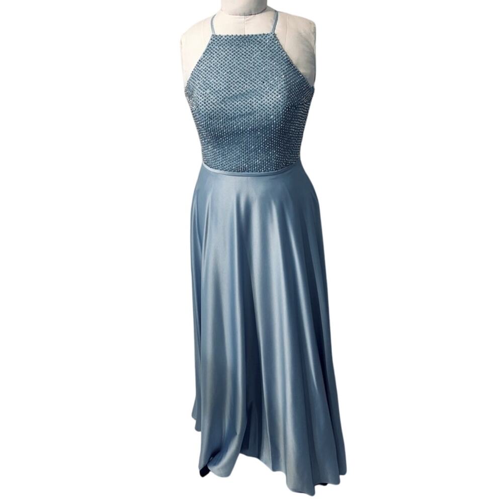 La Femme Light Blue Beaded High Neck Cut Out Satin A-Line Formal Prom Dress 4